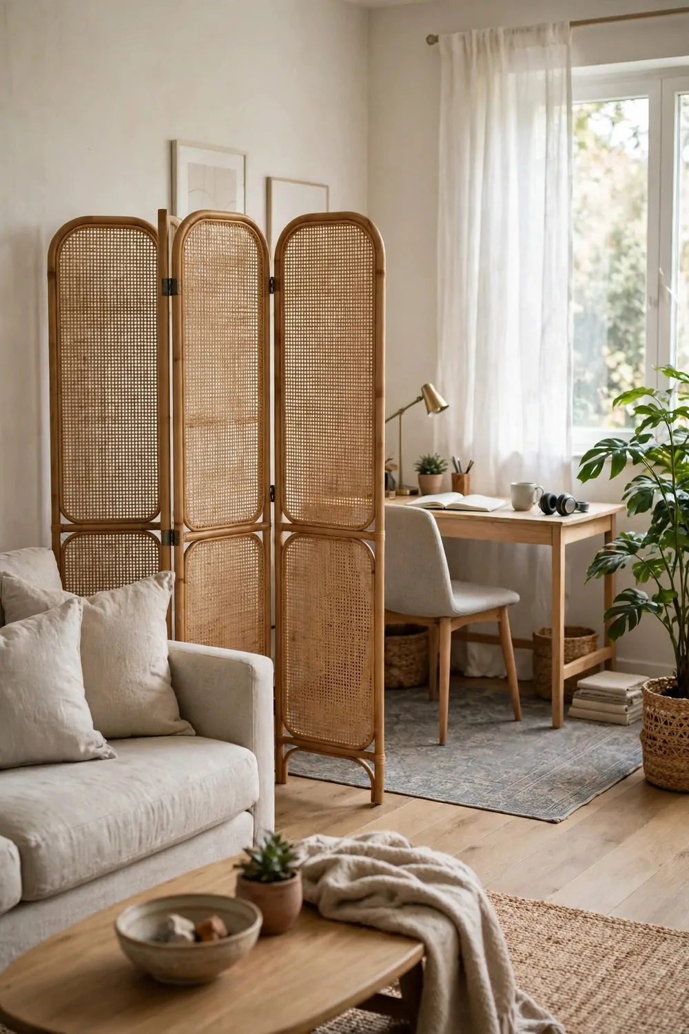 24 Home Office Interior Design Tricks Designers Swear By 21 A folding screen and a rug marking off an office zone inside a shared living room