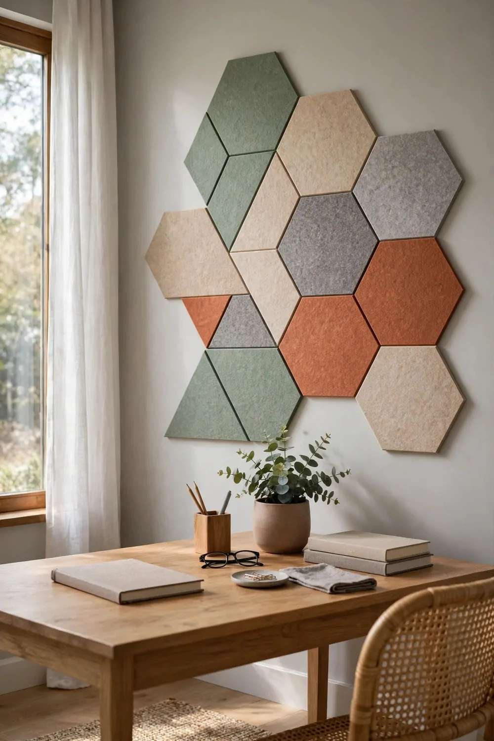 24 Home Office Interior Design Tricks Designers Swear By 22 Geometric felt acoustic panels in muted tones arranged as wall art behind a desk