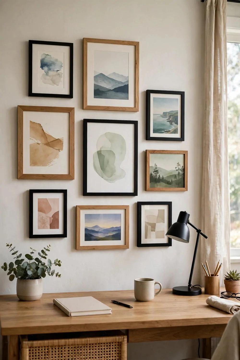 24 Home Office Interior Design Tricks Designers Swear By 23 A gallery wall of personal photos and small prints in mixed frames above a home office desk