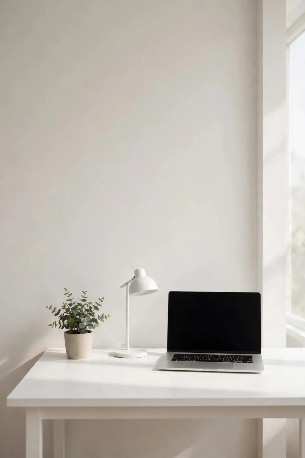 24 Home Office Interior Design Tricks Designers Swear By 24 A nearly empty desk holding only a laptop, a lamp and one small plant in a calm bright room