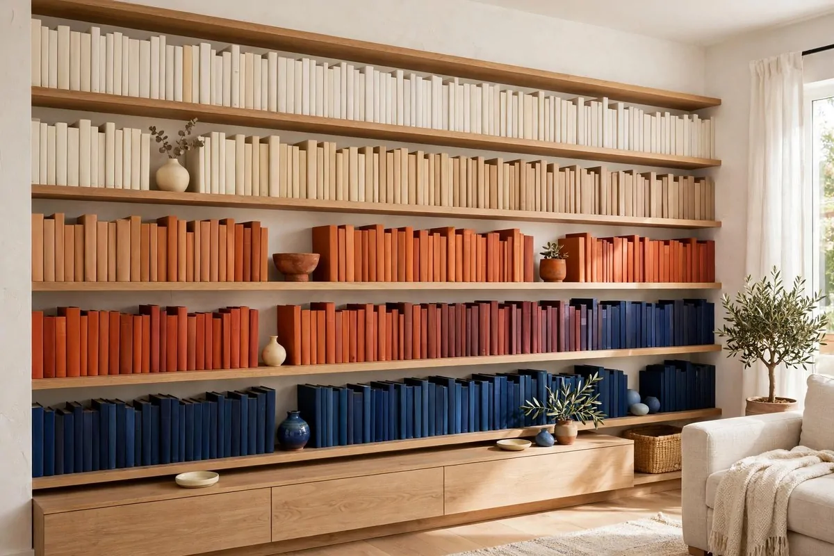 24 Living Room Library Ideas That Feel Grand but Cozy 1 Bookshelves arranged in a smooth color gradient