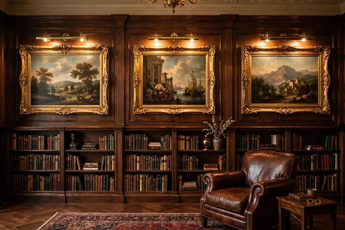 24 Living Room Library Ideas That Feel Grand but Cozy 2 Large gold framed paintings hanging above dark bookshelves