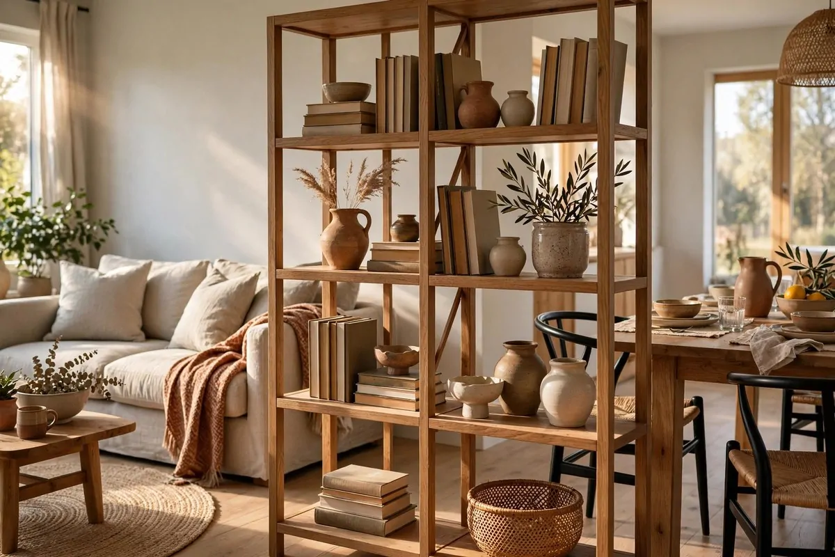 24 Living Room Library Ideas That Feel Grand but Cozy 3 Open bookshelf dividing a living room from a dining area