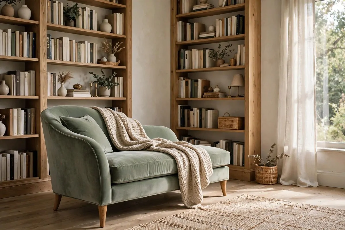 24 Living Room Library Ideas That Feel Grand but Cozy 4 Green velvet chaise lounge beside tall bookshelves
