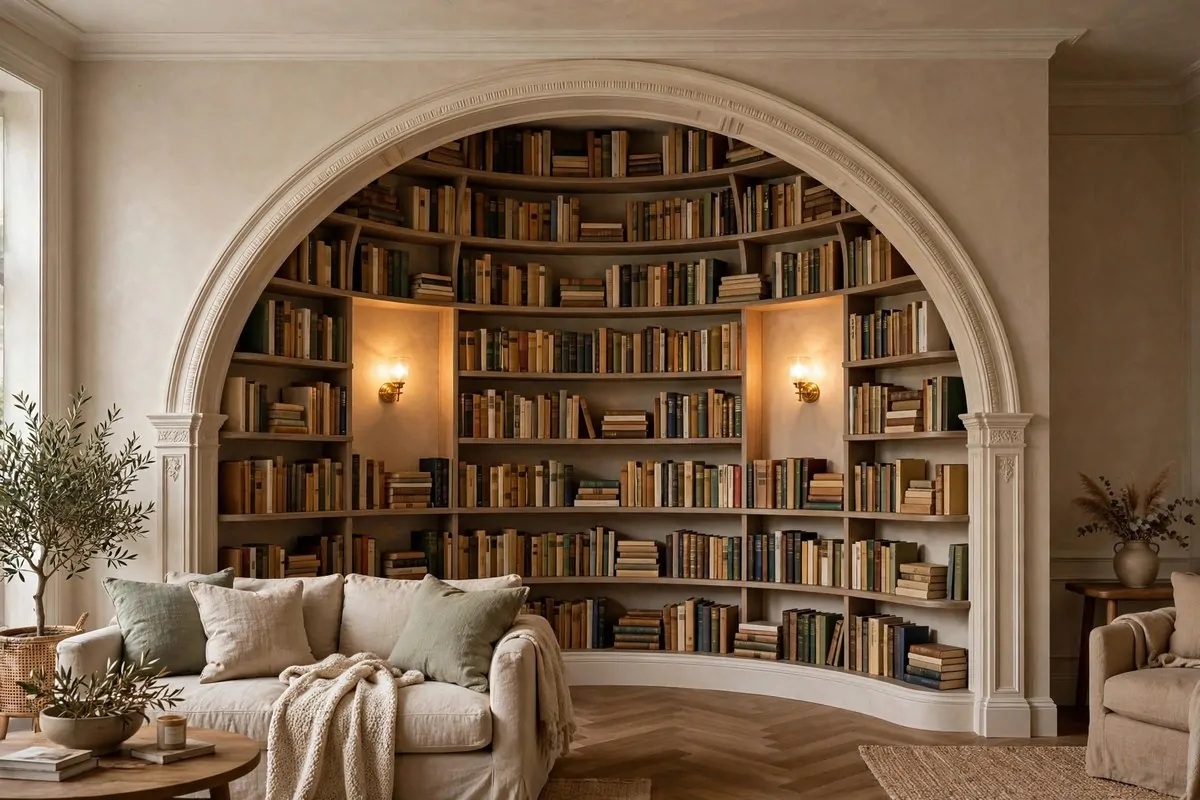 24 Living Room Library Ideas That Feel Grand but Cozy 5 Arched alcove filled with built-in bookshelves and sconce lights