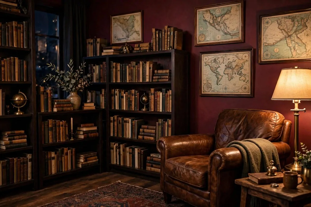 24 Living Room Library Ideas That Feel Grand but Cozy 6 Deep burgundy walls behind dark wooden library shelves