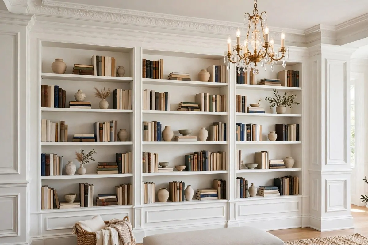 24 Living Room Library Ideas That Feel Grand but Cozy 7 White built-in bookshelves with crown molding and panel details