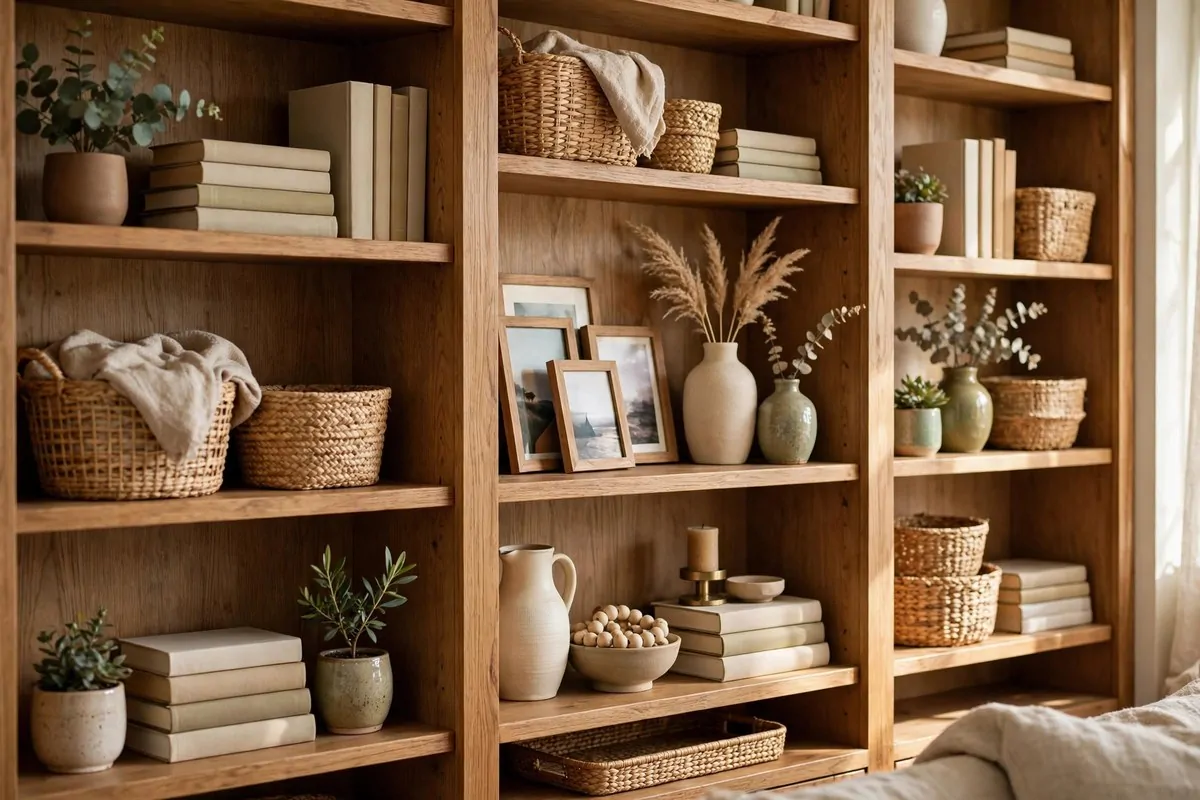 24 Living Room Library Ideas That Feel Grand but Cozy 8 Bookshelves styled with books, baskets, plants and pottery