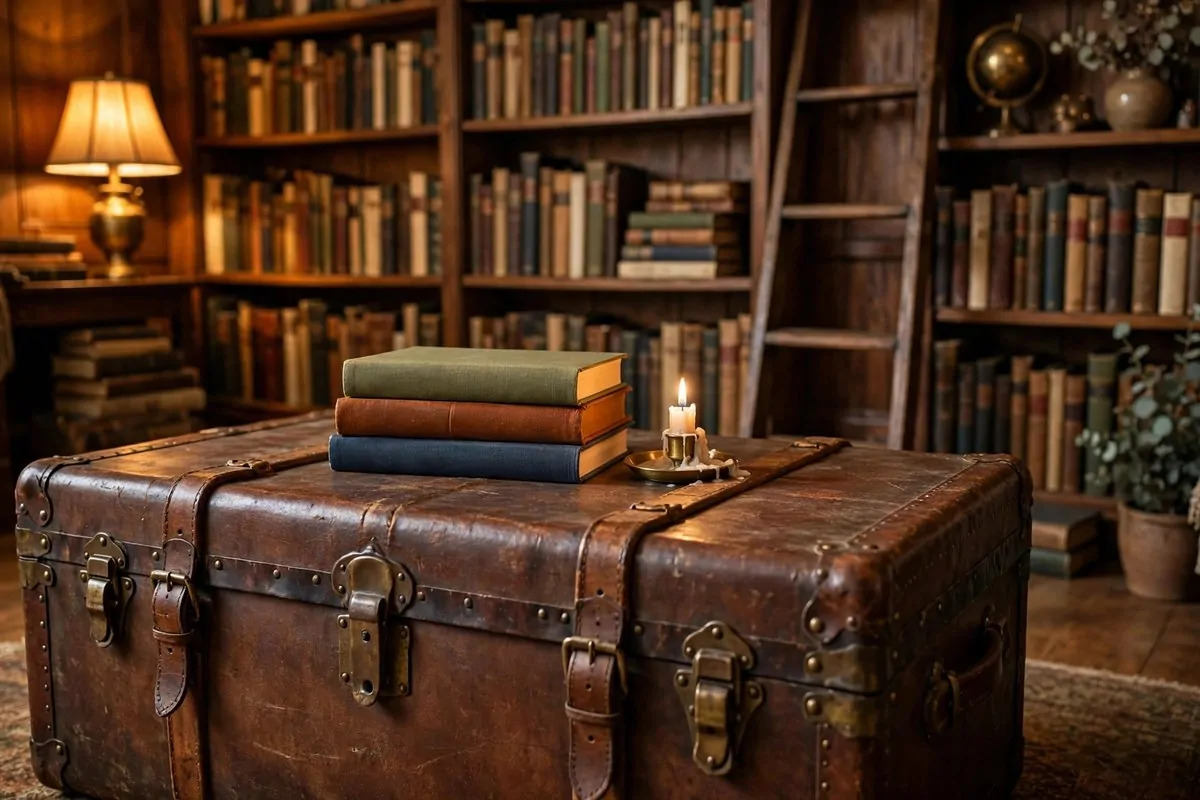 24 Living Room Library Ideas That Feel Grand but Cozy 9 Vintage travel trunk used as a coffee table in a library