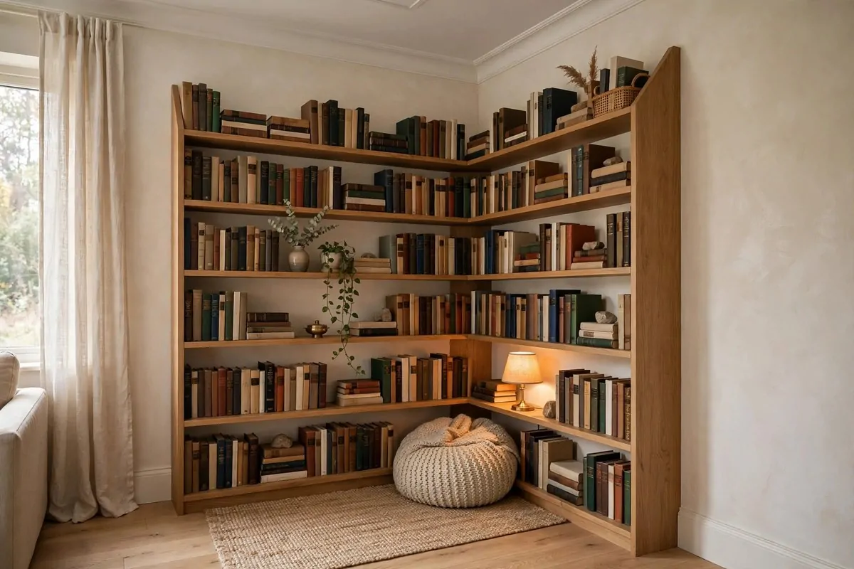 24 Living Room Library Ideas That Feel Grand but Cozy 10 Corner bookshelves turning an empty corner into a reading nook