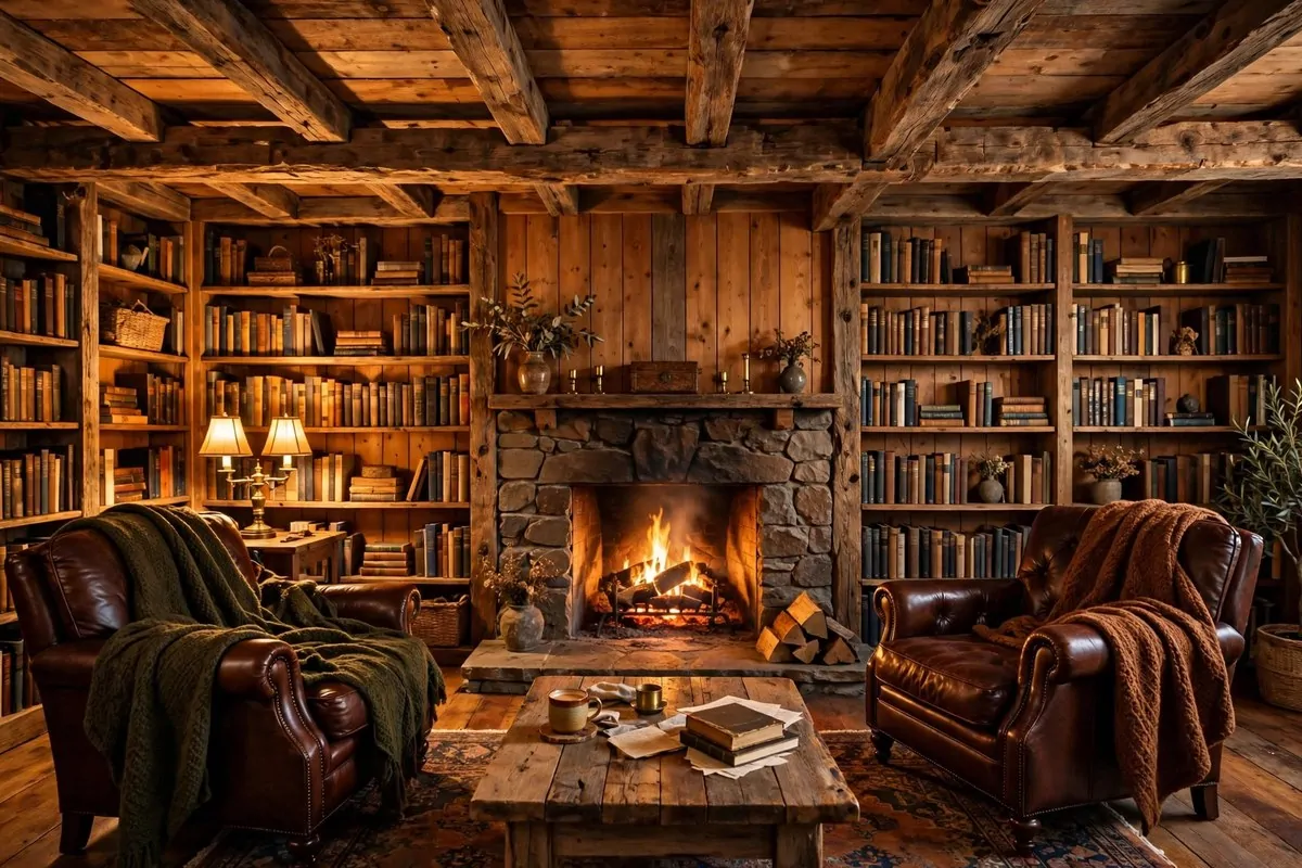 24 Living Room Library Ideas That Feel Grand but Cozy 11 Living room library with wood ceiling beams and paneling