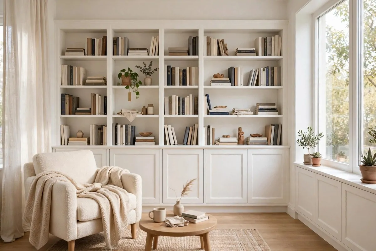 24 Living Room Library Ideas That Feel Grand but Cozy 12 Bright small living room with white painted bookshelves