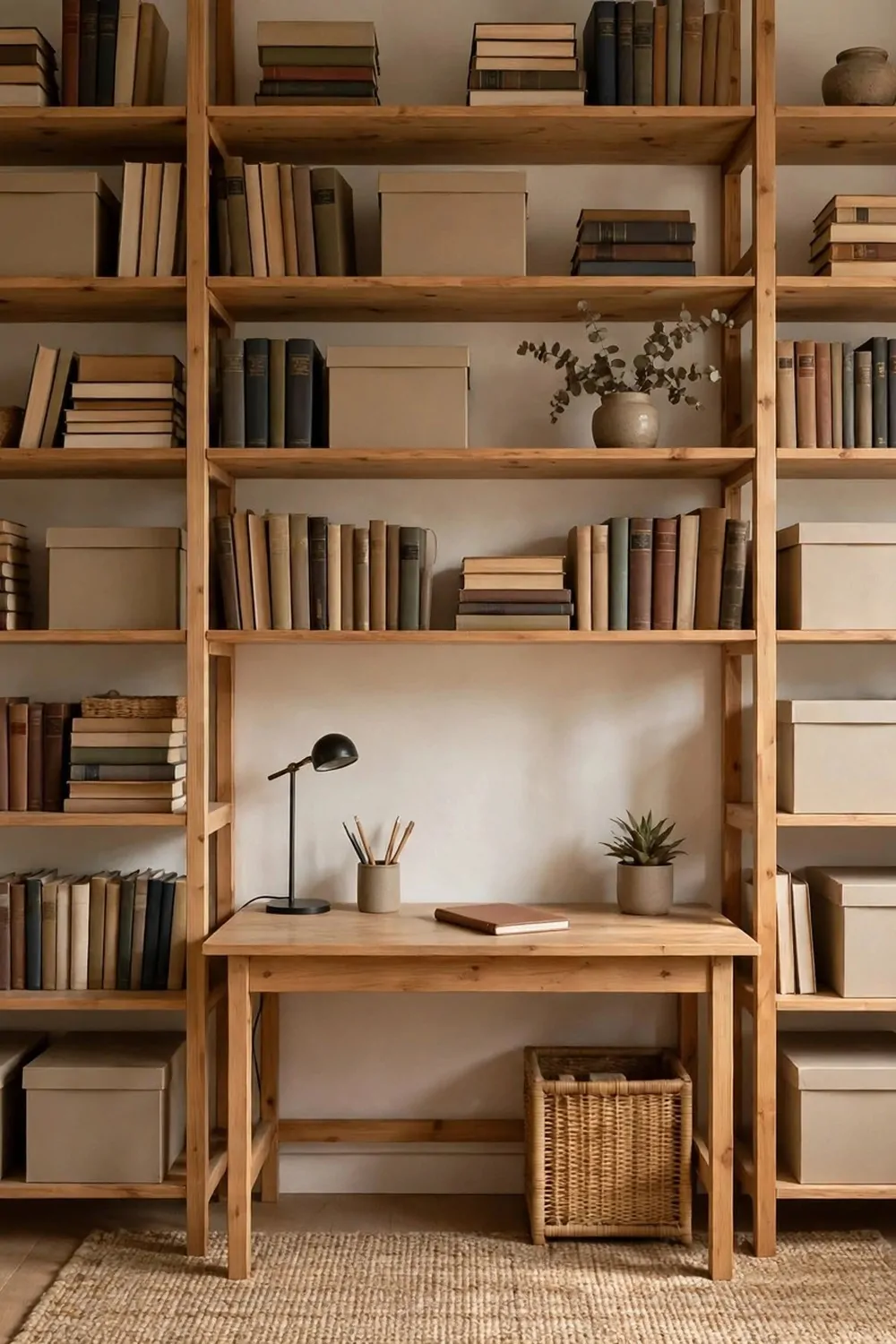 Tall open shelves climbing all the way to the ceiling in a small home office, books and plain storage boxes, small desk below