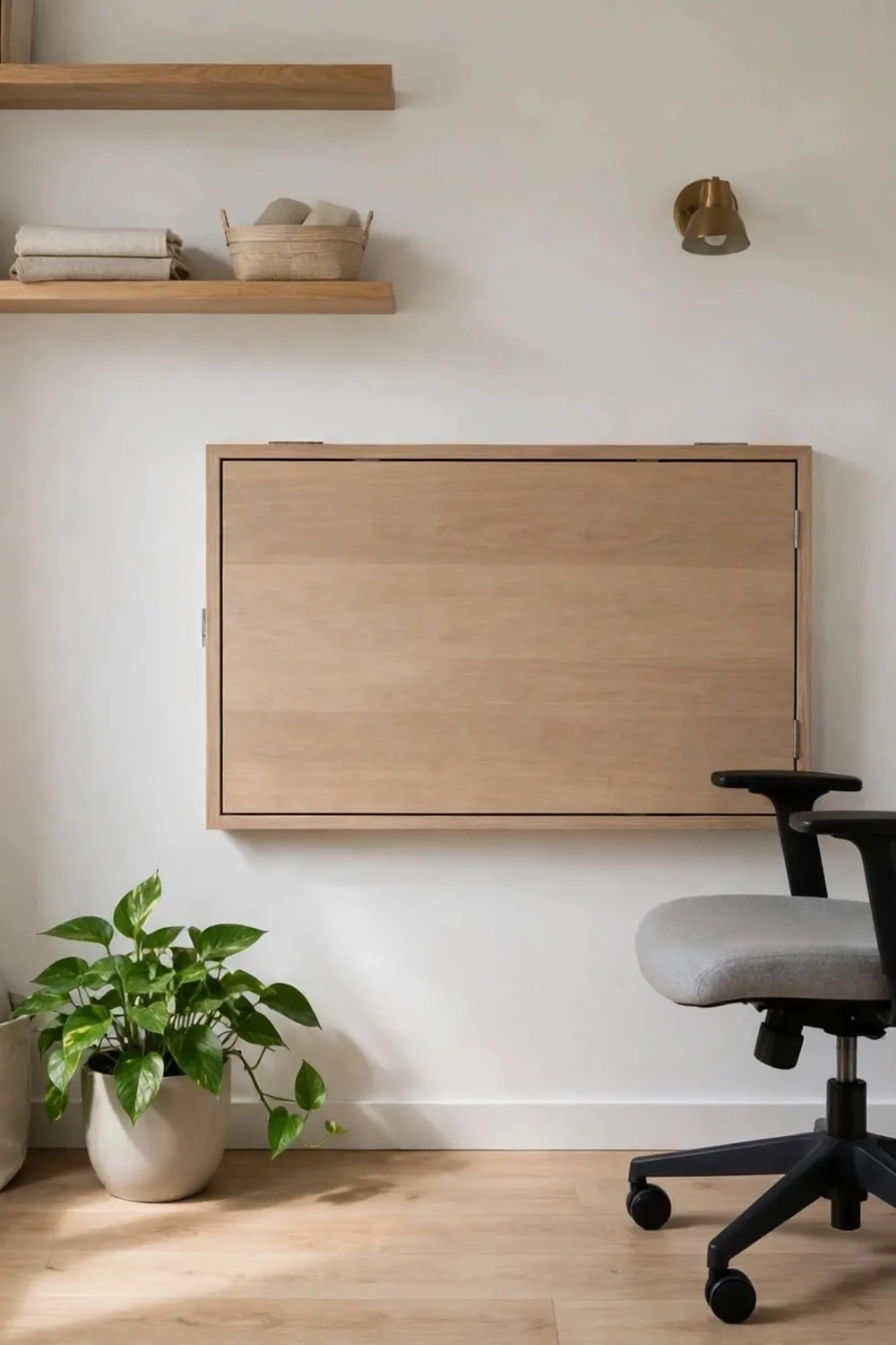 A fold-down wall desk folded flat against a white wall in a small office, chair tucked beside it, tidy room
