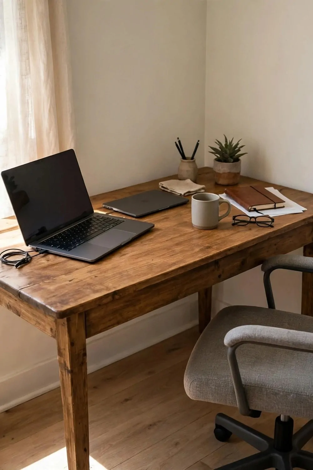 A wood desk placed on the diagonal across a corner in a small home office, laptop on the desk, chair angled with it, bright light