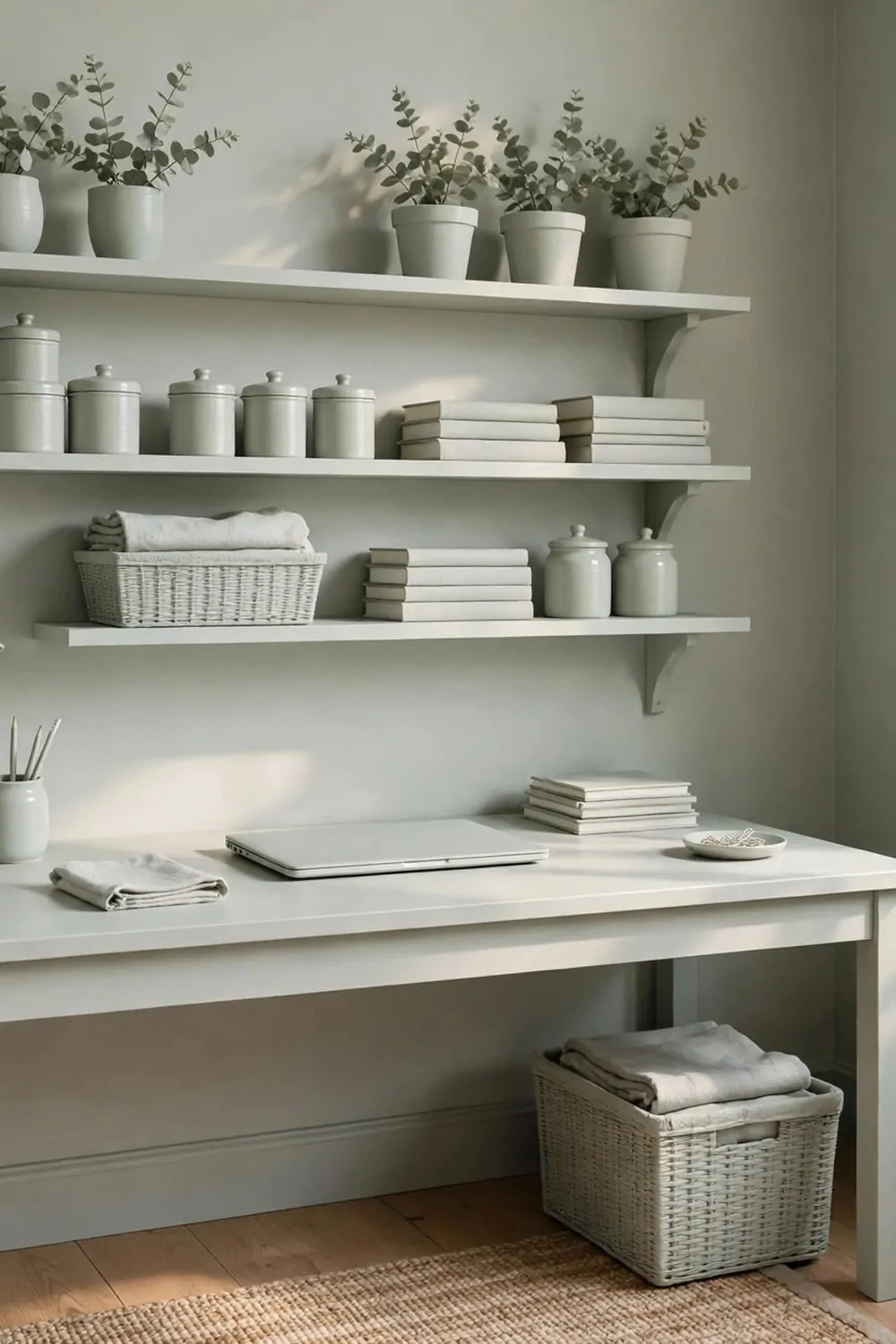 A small home office painted one soft colour everywhere, walls, desk and shelves all the same pale grey-green, calm and tidy