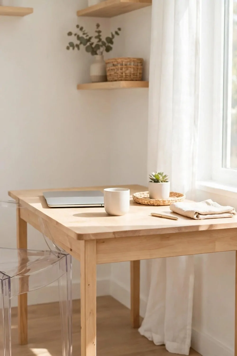 A clear acrylic ghost chair at a small wood desk in a tiny home office, laptop on the desk, chair nearly invisible, bright room