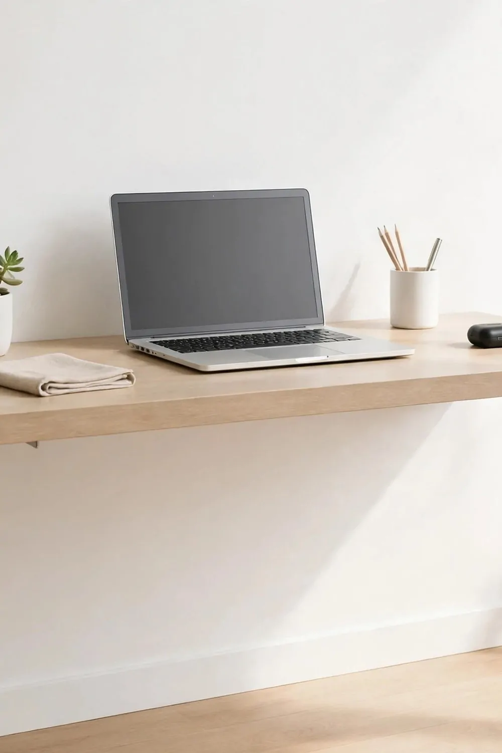 A floating wall-mounted desk with no legs in a small home office, laptop on the desk, empty floor beneath, bright white wall