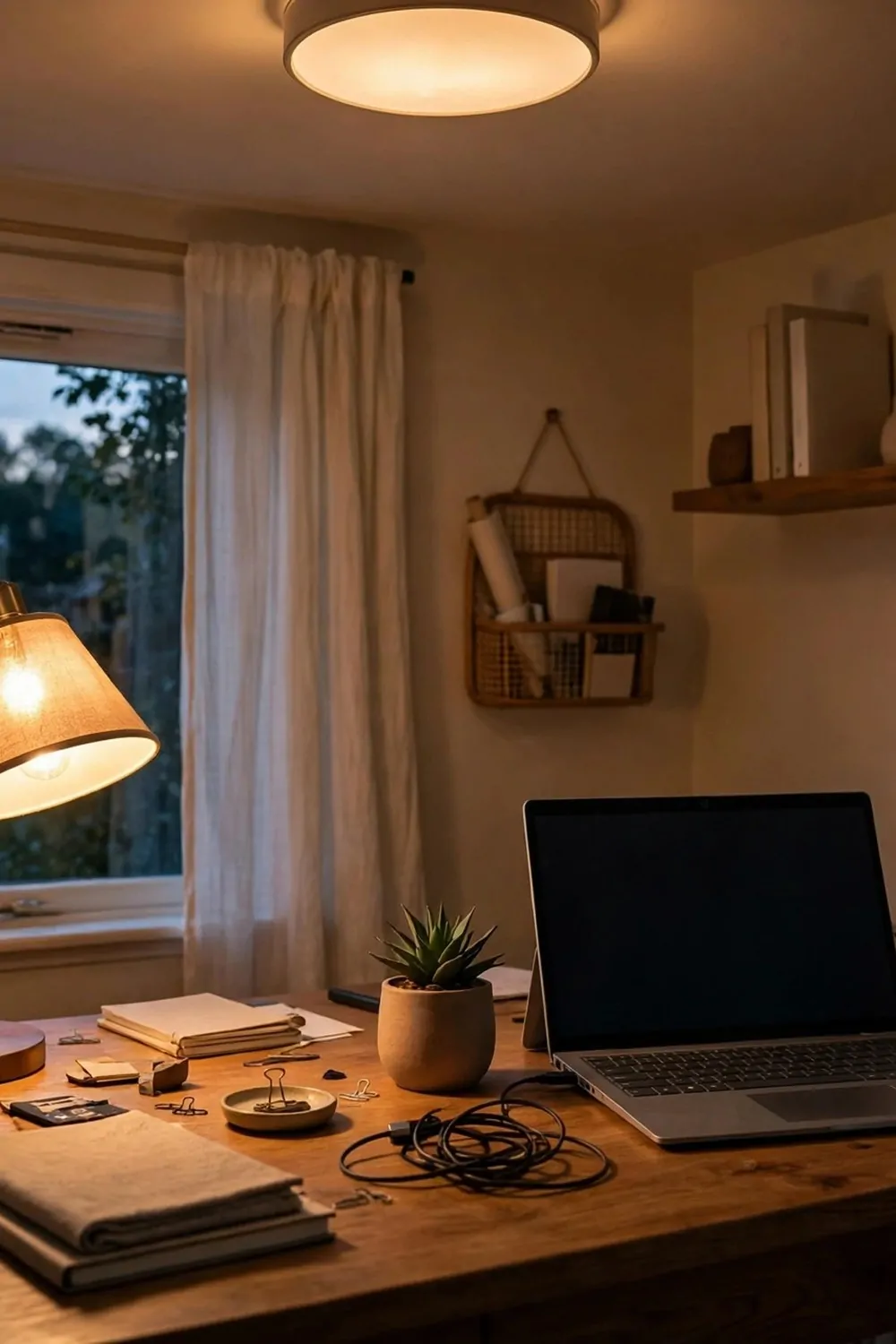 A small home office lit by three warm light layers, a desk lamp glowing, daylight from a window, soft ceiling light, laptop on the desk, evening feel