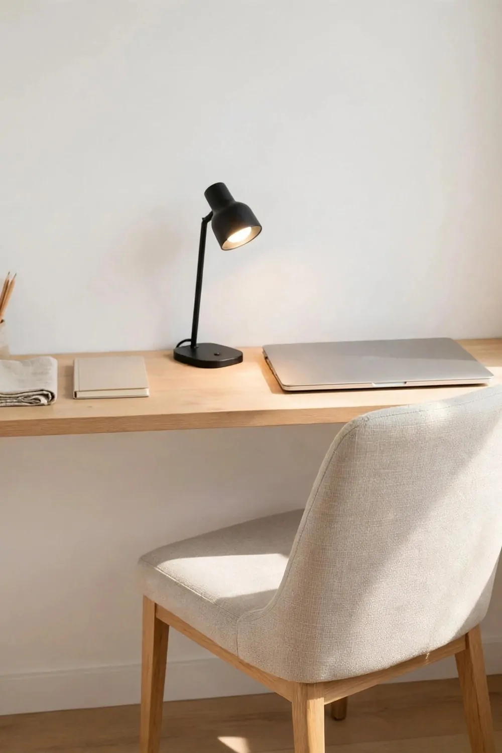A slim narrow desk against a white wall in a tiny home office, laptop and small lamp on it, chair pushed in, tidy