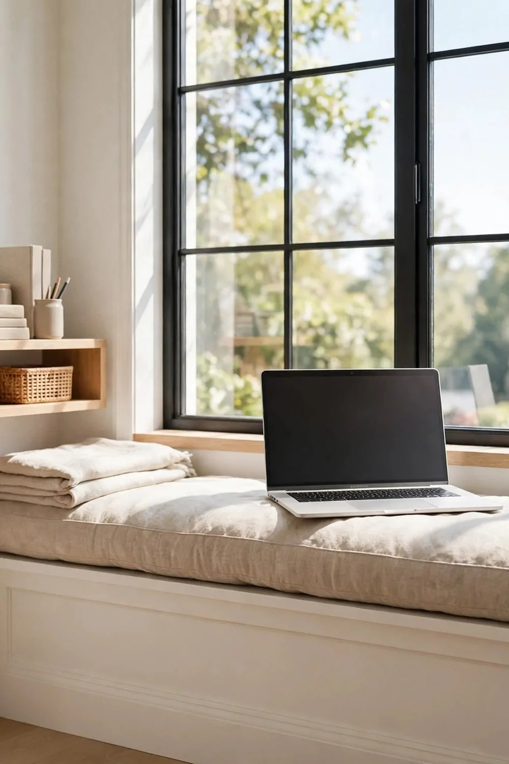 A window seat with a cushion used as a desk spot in a small home office, laptop on the seat, bright window light, small shelf beside it