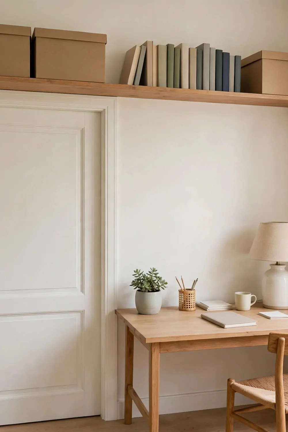 A high shelf above a door in a small home office, plain storage boxes and books on the shelf, desk below, bright room
