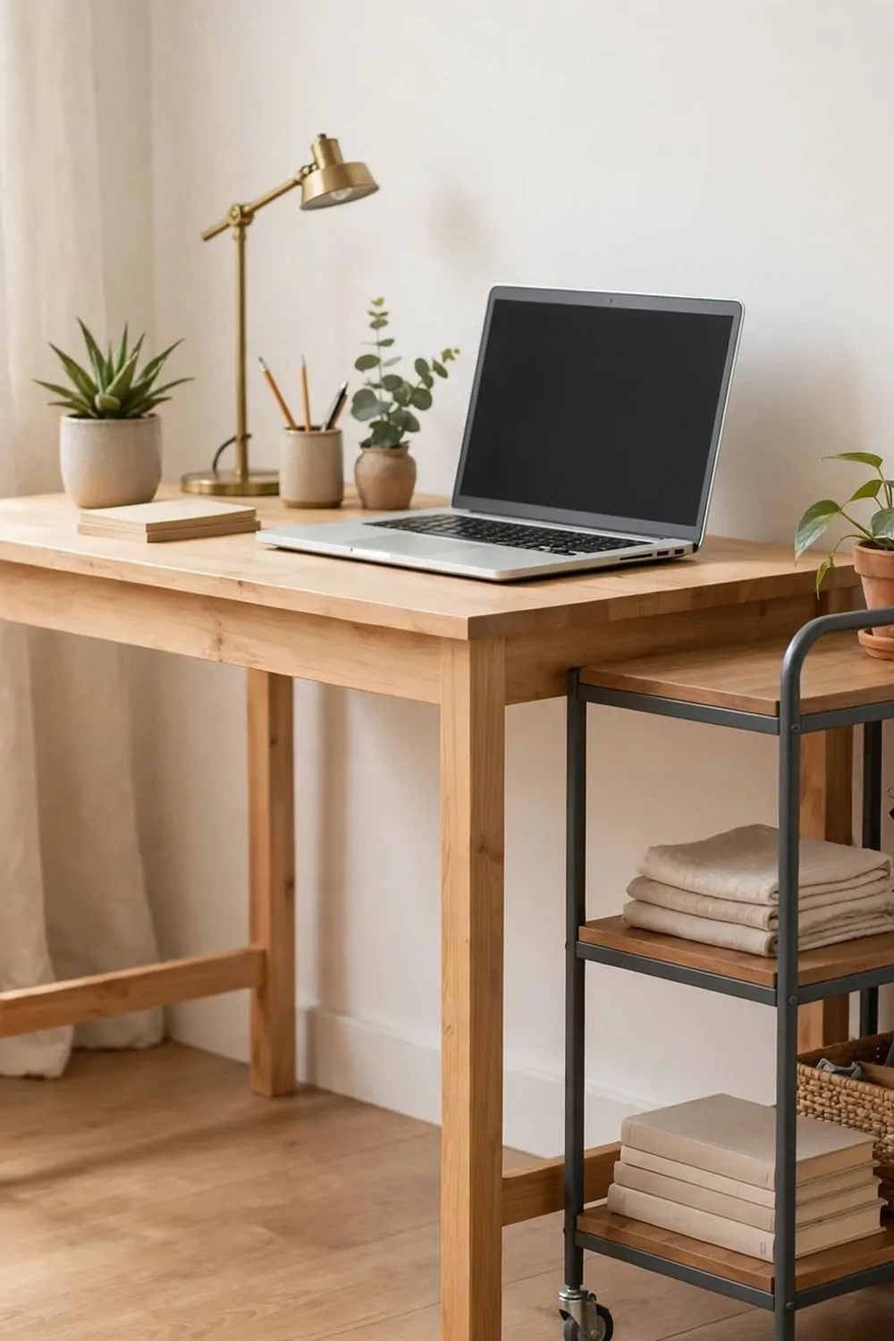 A small rolling cart with shelves tucked beside a wood desk in a tiny home office, laptop on the desk, tidy