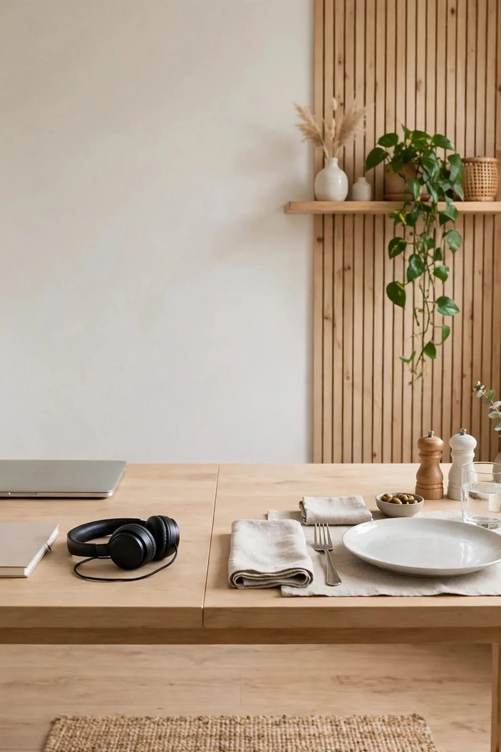 One table doing two jobs in a small home office, a tidy desk set up on one side and a small dining place setting on the other, bright room
