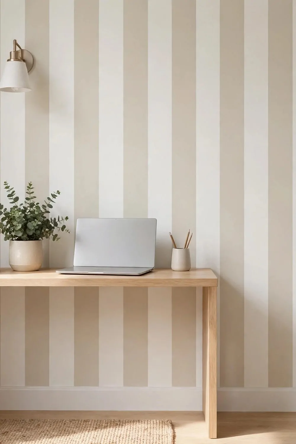 A small home office wall with soft vertical stripes, slim desk against it, laptop on the desk, the stripes making the wall look taller