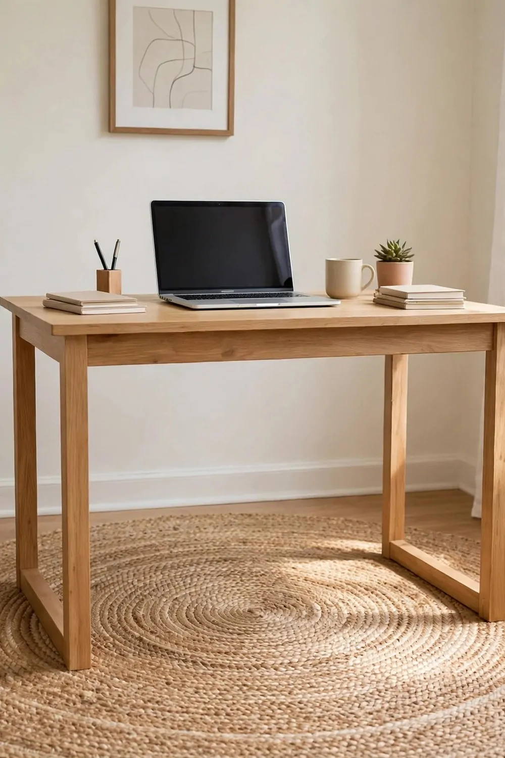 A round woven rug in a square small home office, wood desk standing on the rug, laptop on the desk, bright tidy room