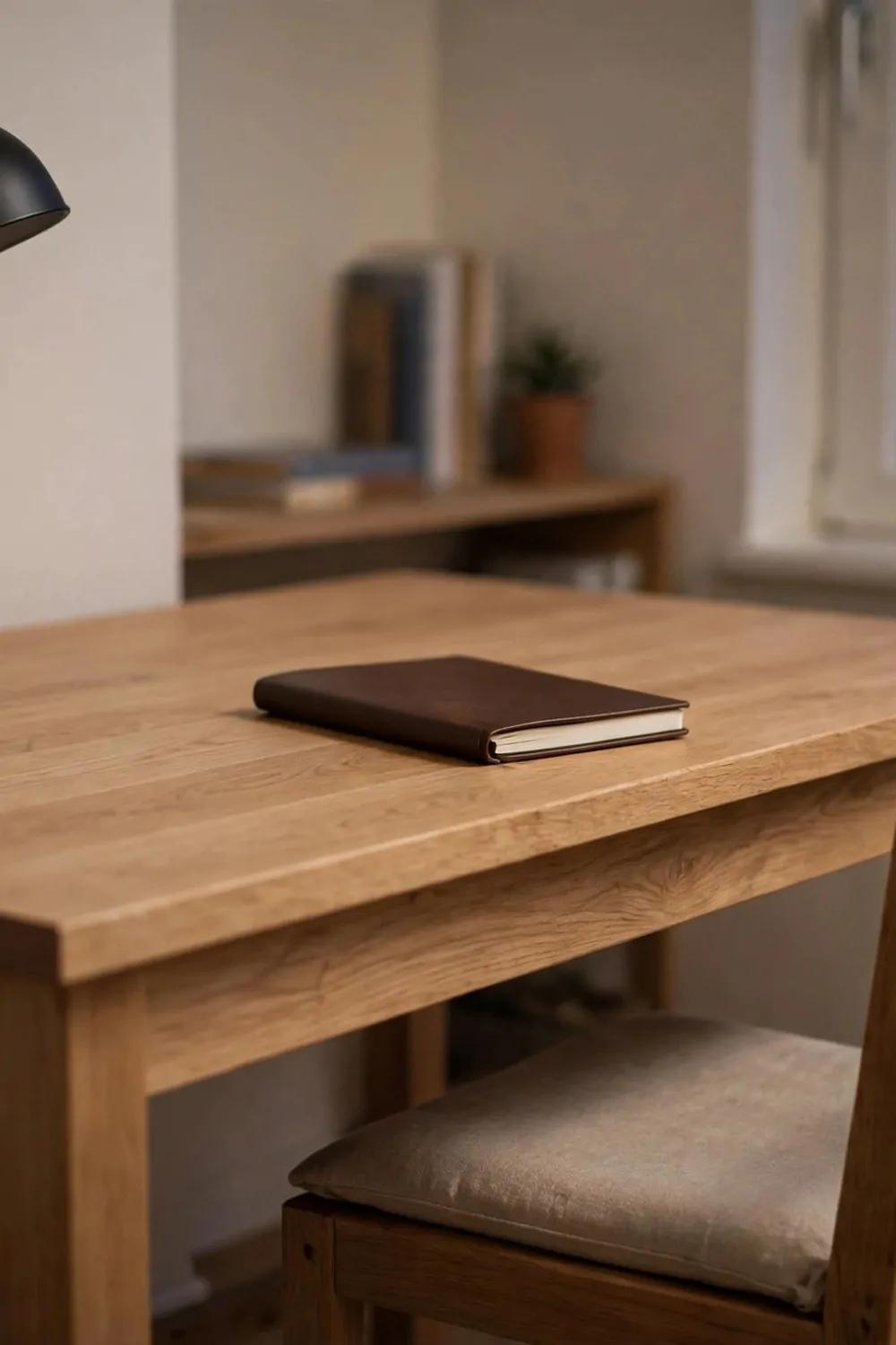 A completely clear wood desk in a small home office at night, lamp switched off, notebook shut, chair pushed in, calm evening light