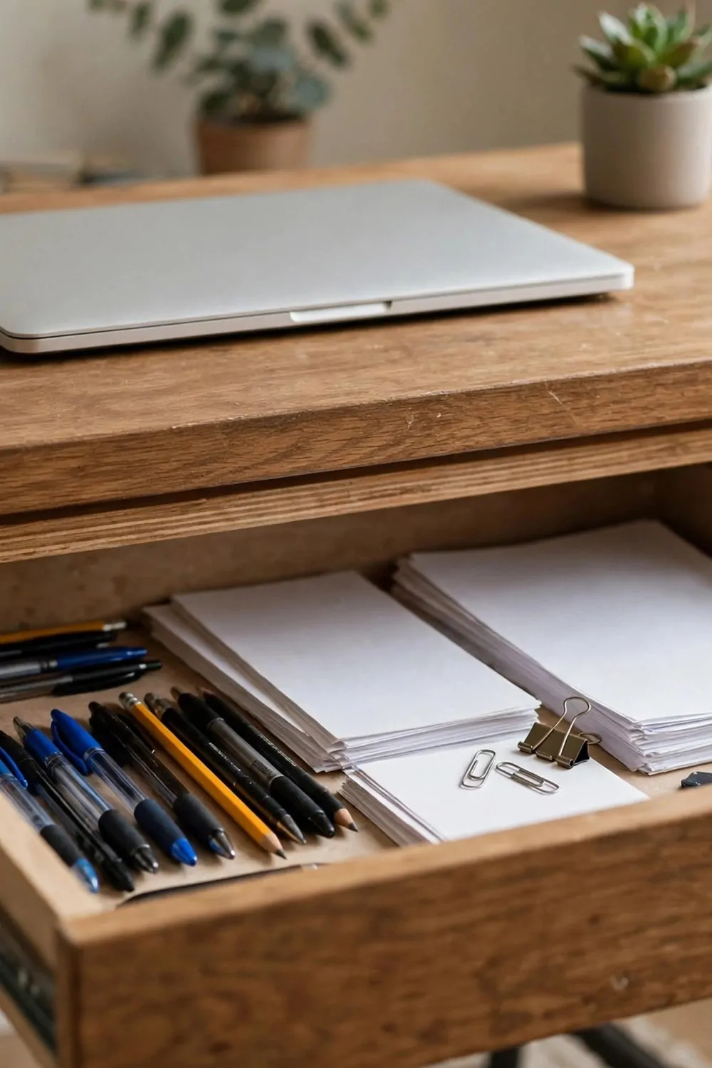 A shallow drawer open under a wood desk top in a small home office, pens and papers neatly inside, laptop on the desk above