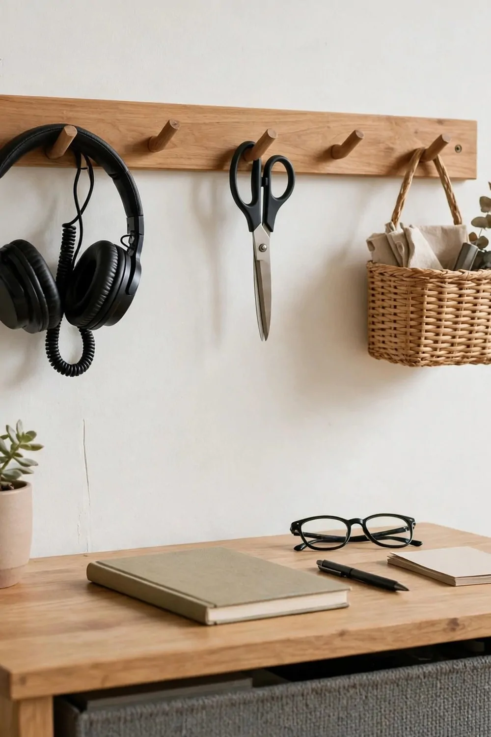A wooden peg rail on a white wall in a small home office, hooks holding headphones, scissors and a small basket, desk below