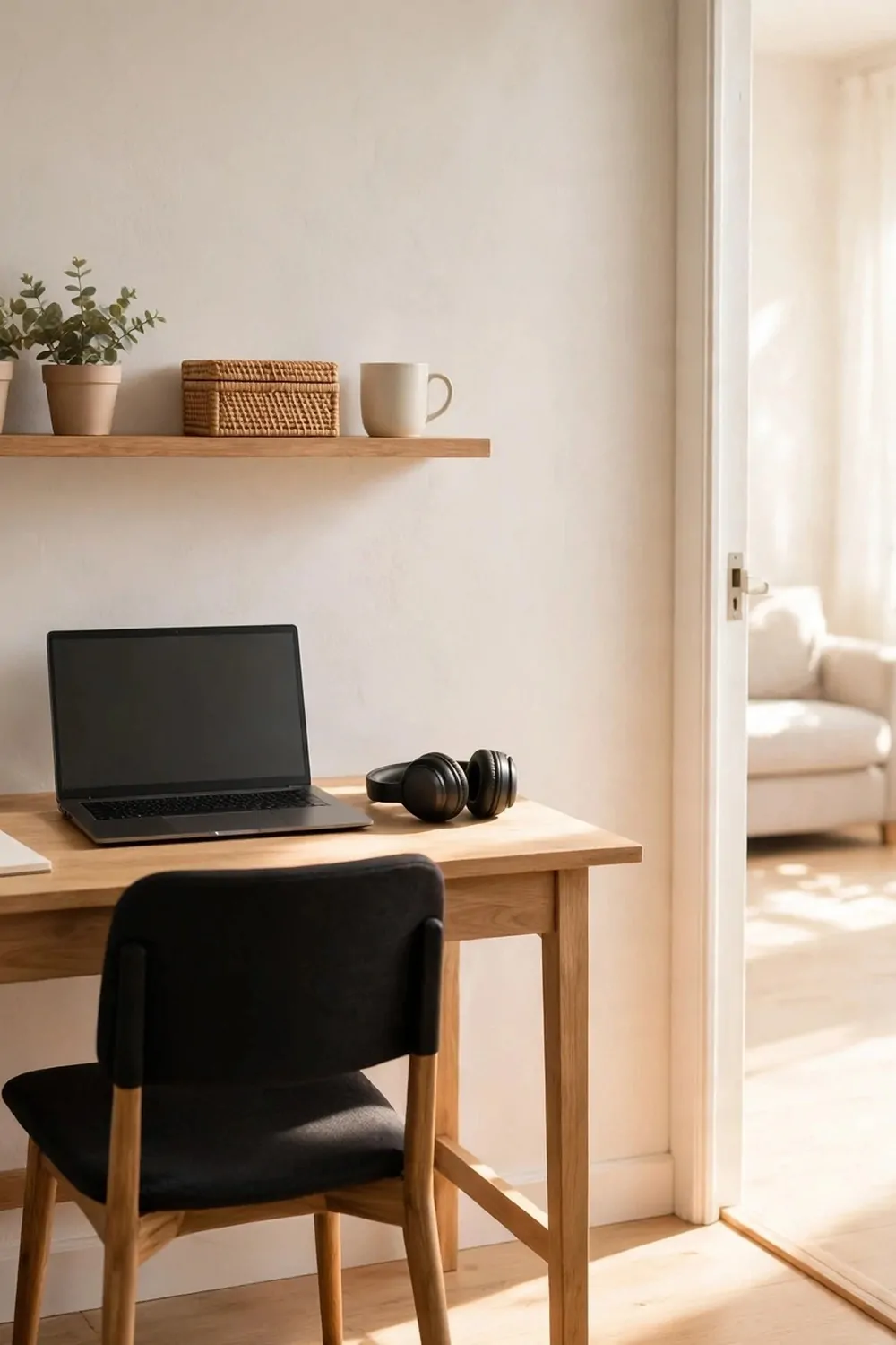A small home office with the door removed, open doorway, bright light flowing in from the next room, desk inside, tidy