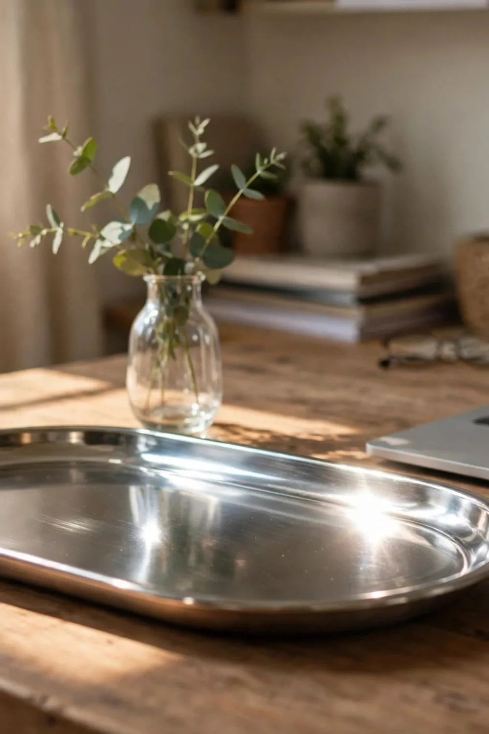 A shiny metal tray and small glass vase on a wood desk in a small home office, sunlight reflecting off the metal, laptop beside them