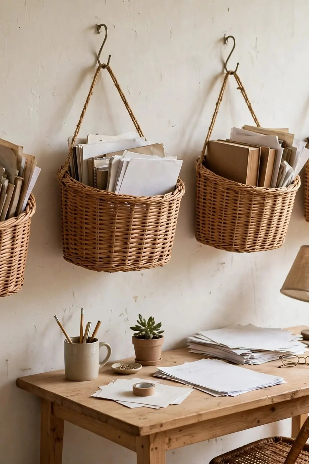 Woven baskets hanging on a wall in a small home office, books and papers inside the baskets, desk below, bright room