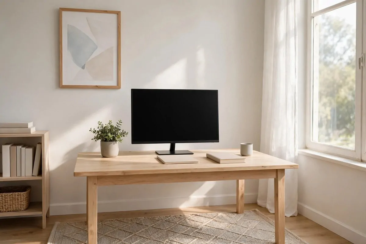 A bright small home office with a wooden desk against a pale wall, a monitor, a plant, and soft daylight from a window.