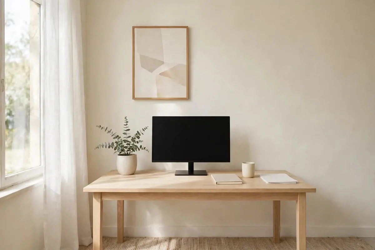 24 Small Home Office Inspiration Looks That Feel Spacious 1 A pale warm white wall behind a wooden desk with a blank monitor, a small plant, and soft daylight.