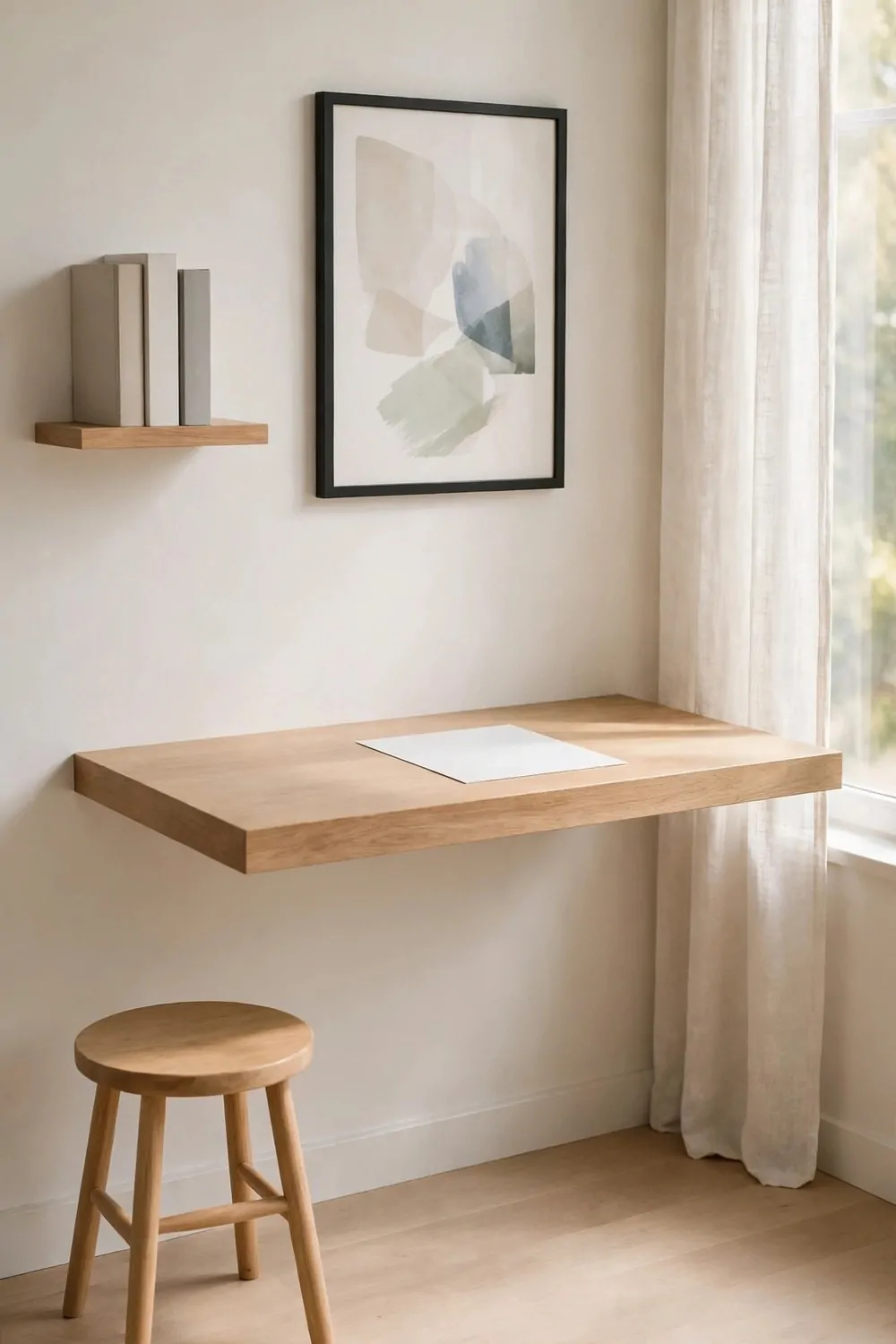 24 Small Home Office Inspiration Looks That Feel Spacious 2 A slim floating wooden desk fixed to a pale wall with clear floor space below, a wooden stool, and one small shelf with plain books.