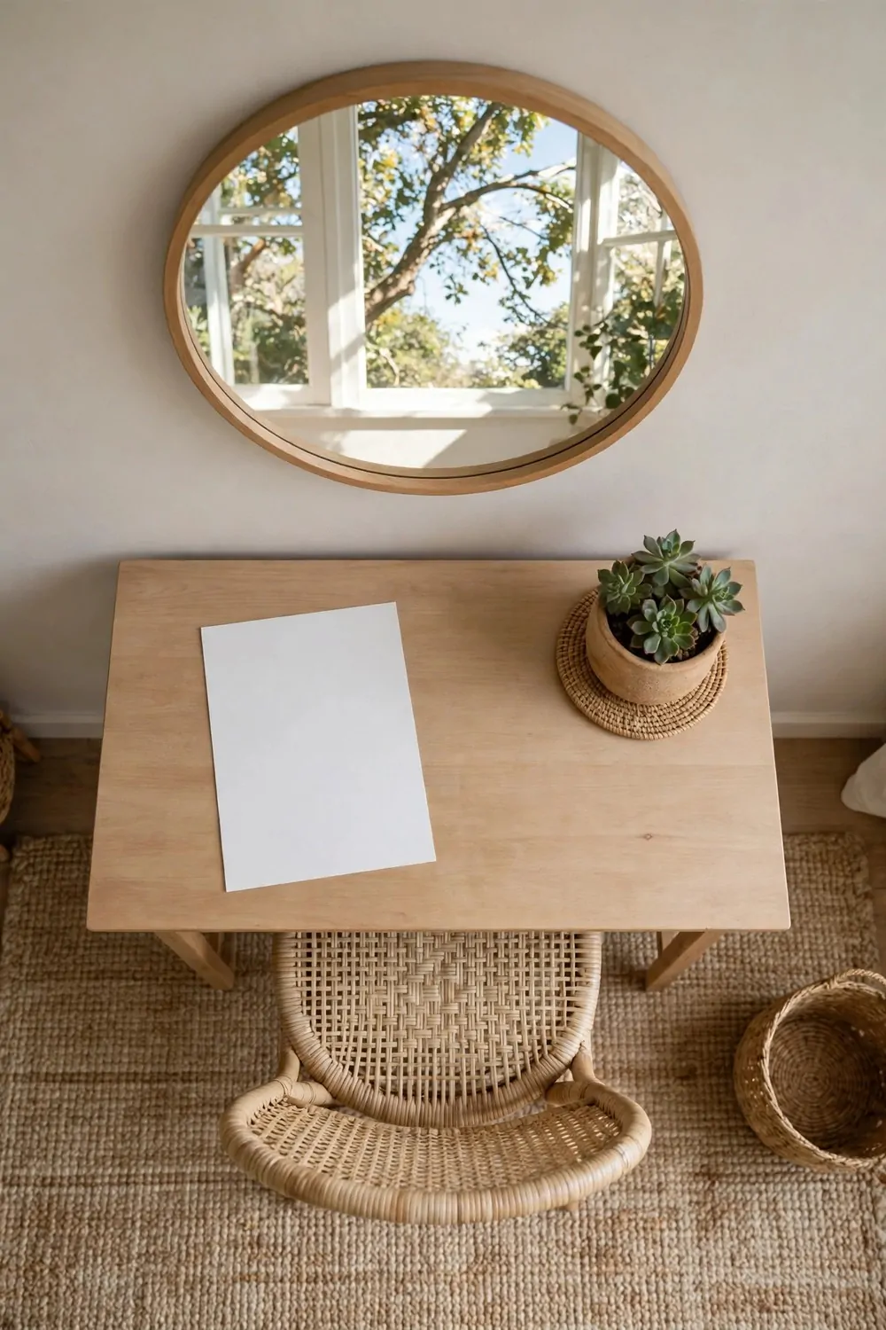 24 Small Home Office Inspiration Looks That Feel Spacious 3 A wide oval mirror on a pale wall reflecting a bright window and trees, above a wooden desk with blank paper, a potted succulent, and a cane chair.