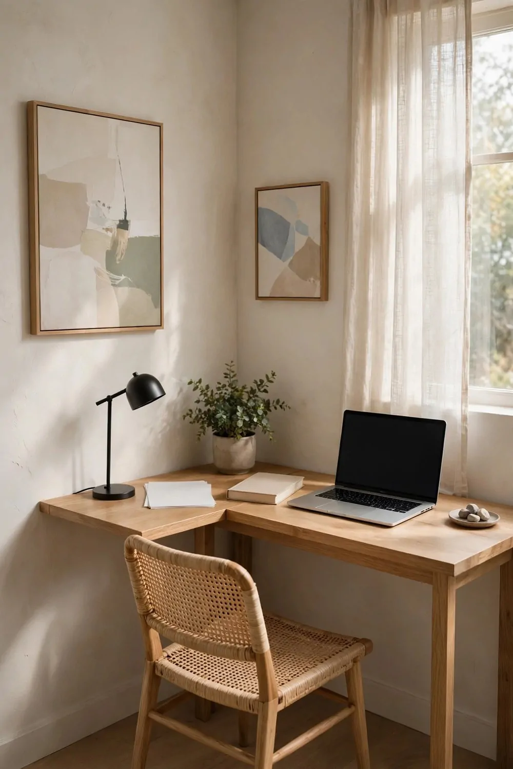 24 Small Home Office Inspiration Looks That Feel Spacious 4 A wooden corner desk fitted into a pale corner with a laptop with a blank screen, a black lamp, blank paper, and a cane chair, beside a bright window.