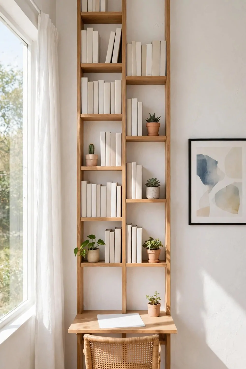 24 Small Home Office Inspiration Looks That Feel Spacious 5 Tall vertical wooden shelves climbing a pale wall above a small desk, holding plain books, small potted plants, and blank paper, with a rattan chair below.