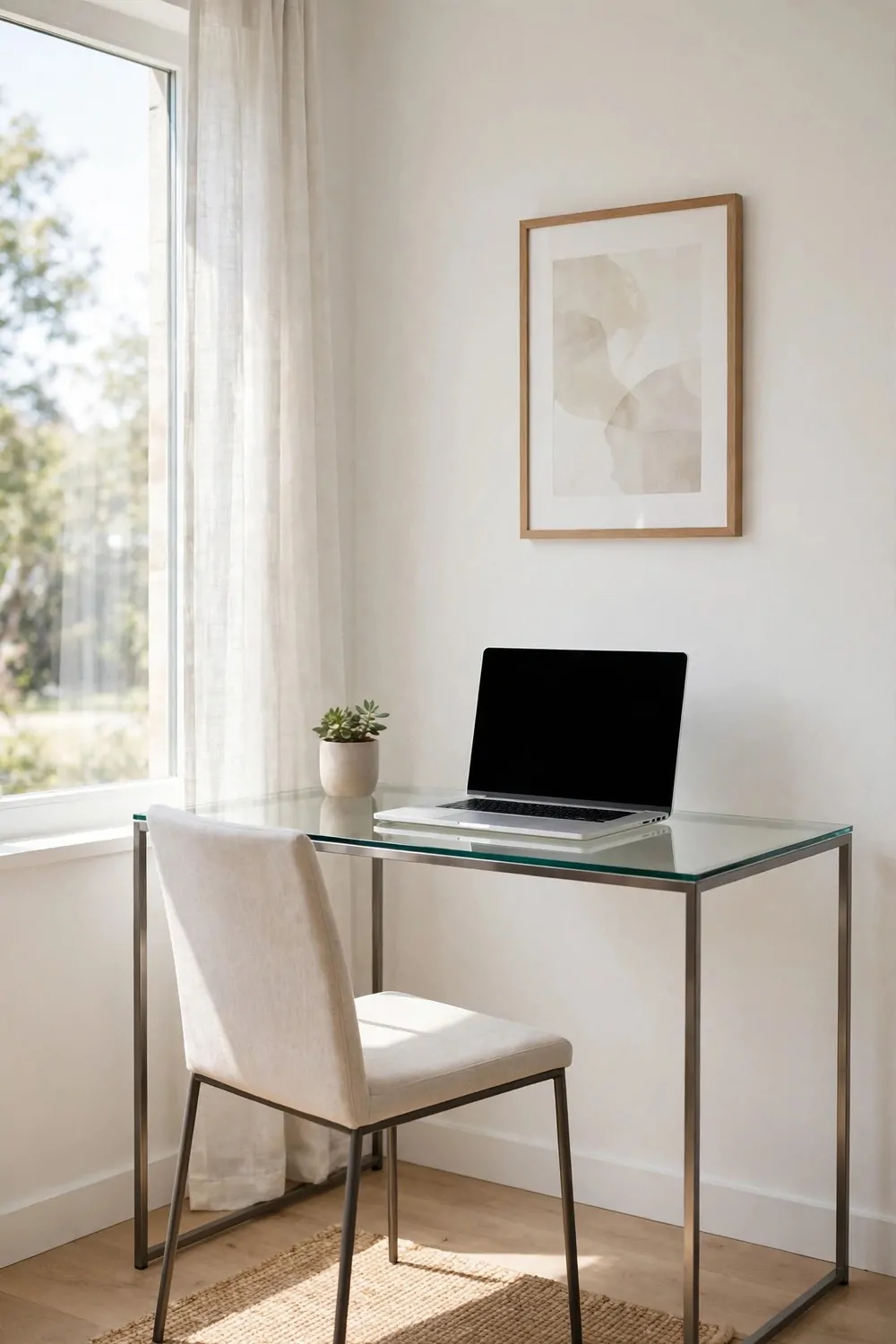 24 Small Home Office Inspiration Looks That Feel Spacious 6 A clear glass desk in a bright corner with a laptop with a blank screen, a small plant, and a chair, with daylight from a window.