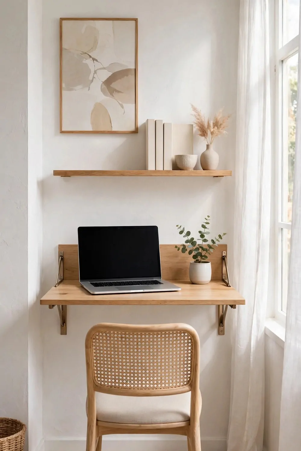 24 Small Home Office Inspiration Looks That Feel Spacious 7 A wooden fold-down desk fixed to a pale wall, lowered open with a laptop with a blank screen and a small plant, a shelf with plain books above, and a rattan chair in front.