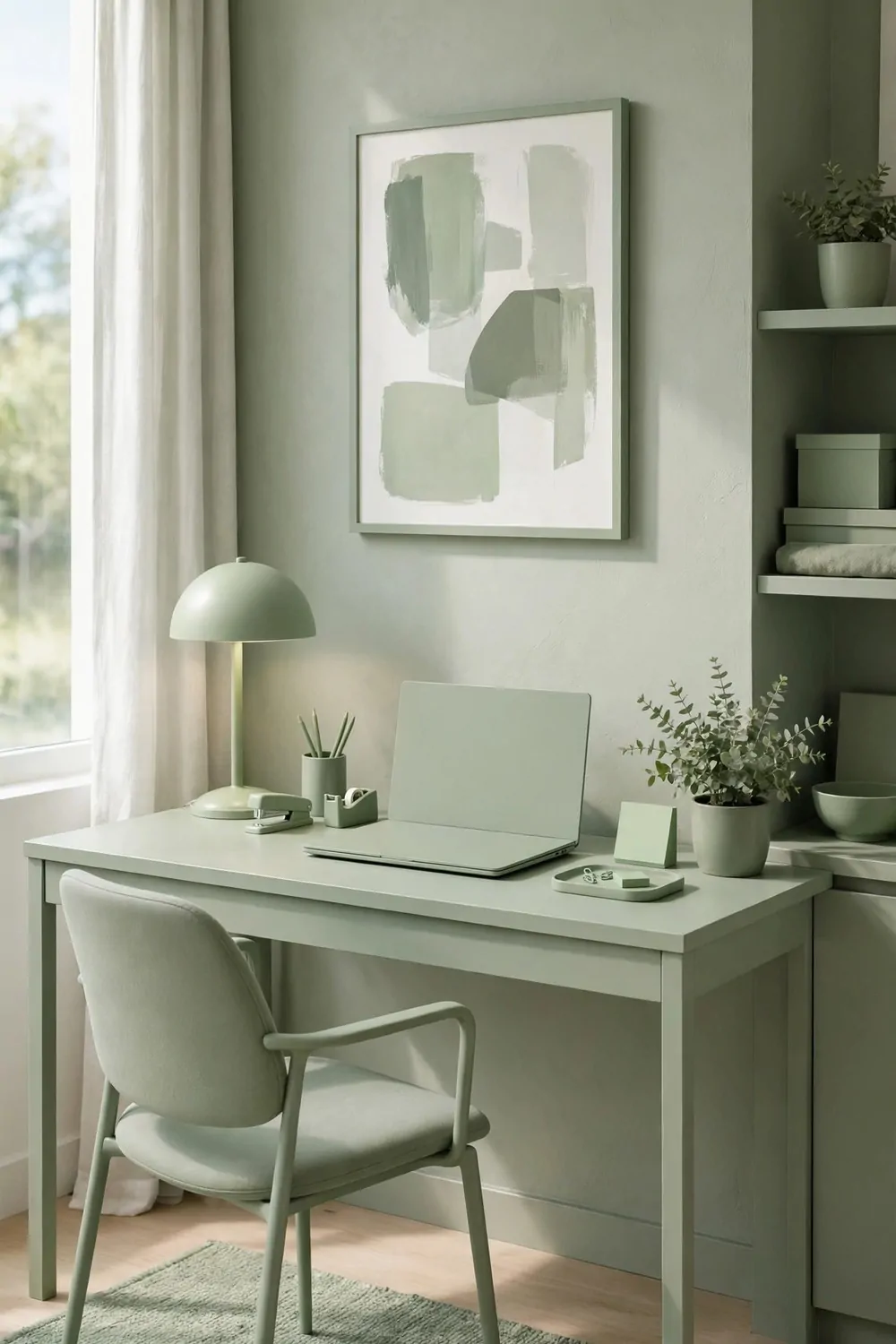 24 Small Home Office Inspiration Looks That Feel Spacious 8 A small home office in one soft sage green palette with a wooden desk, a laptop, a cushioned chair, and a small plant.
