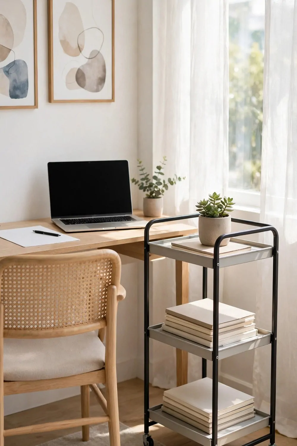 24 Small Home Office Inspiration Looks That Feel Spacious 9 A slim rolling cart holding plain books and a small succulent beside a wooden desk with a laptop with a blank screen, paper, and a cane chair.