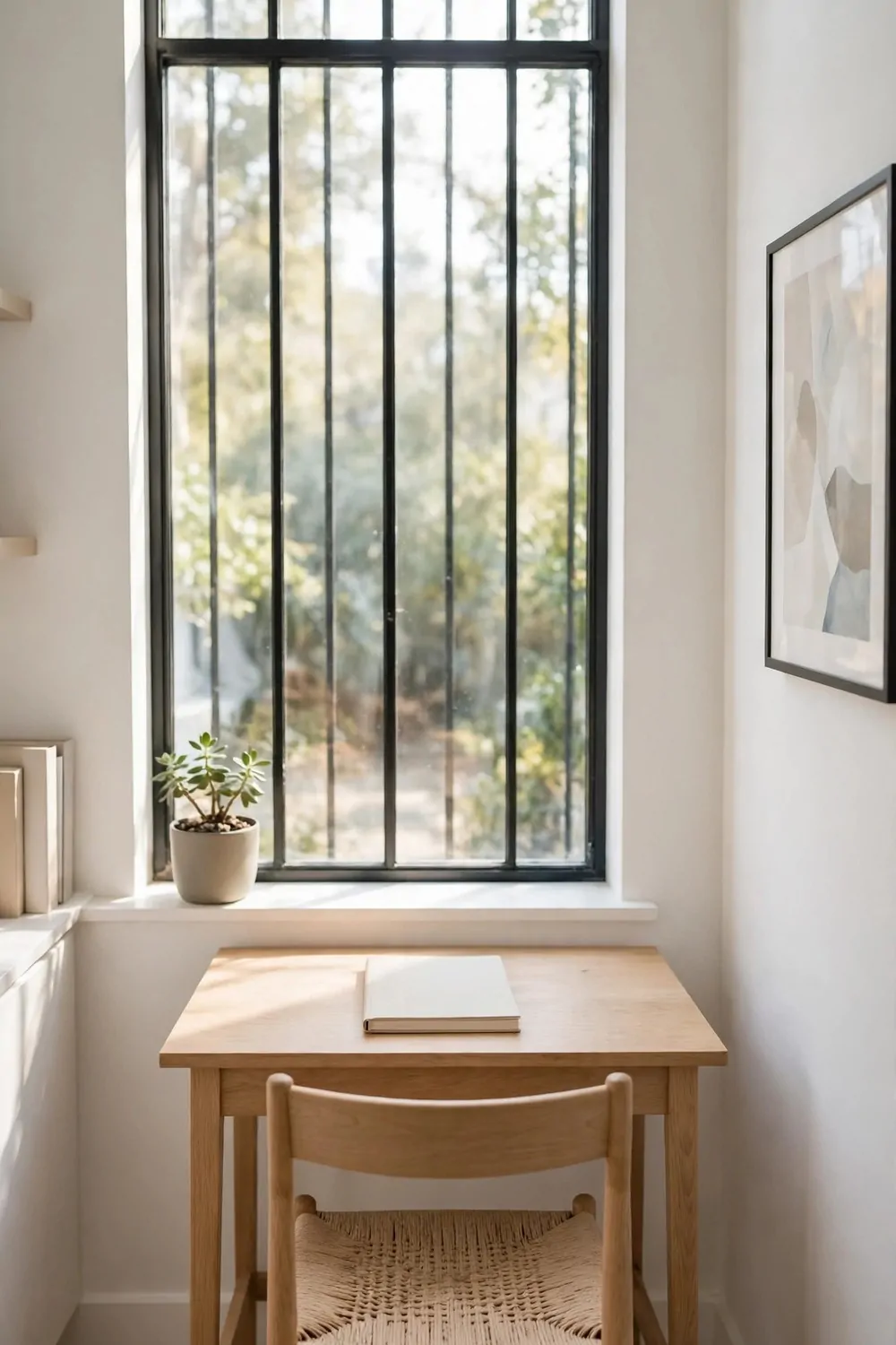 24 Small Home Office Inspiration Looks That Feel Spacious 10 A wooden desk placed beside a bright window with sheer curtains, a blank notebook, a woven chair, and a small plant on the sill.