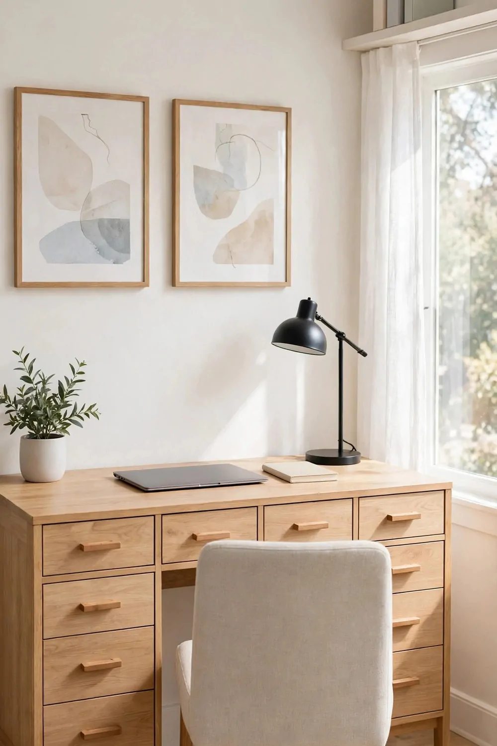 24 Small Home Office Inspiration Looks That Feel Spacious 11 A wooden desk with rows of shallow drawers below, a closed laptop, a notebook, and a black lamp on top, with a chair in front.