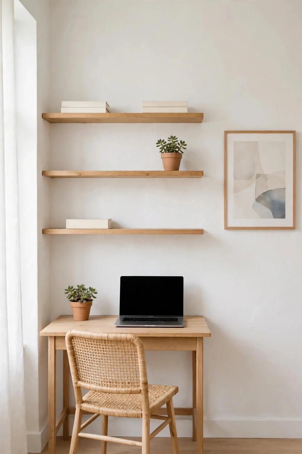 24 Small Home Office Inspiration Looks That Feel Spacious 12 Open wooden shelves with gaps between plain books and a potted plant above a wooden desk, with a rattan chair below.