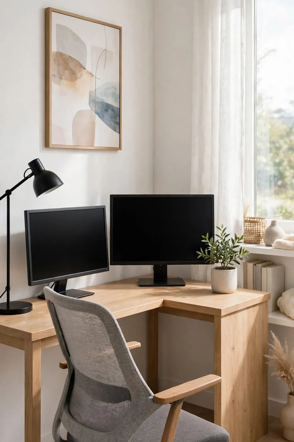 24 Small Home Office Inspiration Looks That Feel Spacious 13 A compact L-shaped wooden desk in a corner with two blank monitors, a black lamp, a small plant, and a mesh chair, beside a bright window.